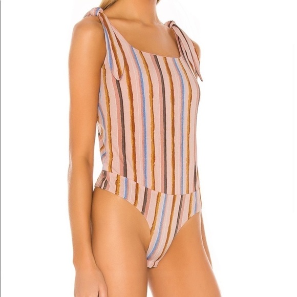 NWT BCBGeneration Revolve Multi Color Striped Tie Shoulder Thong Bodysuit - Picture 4 of 10